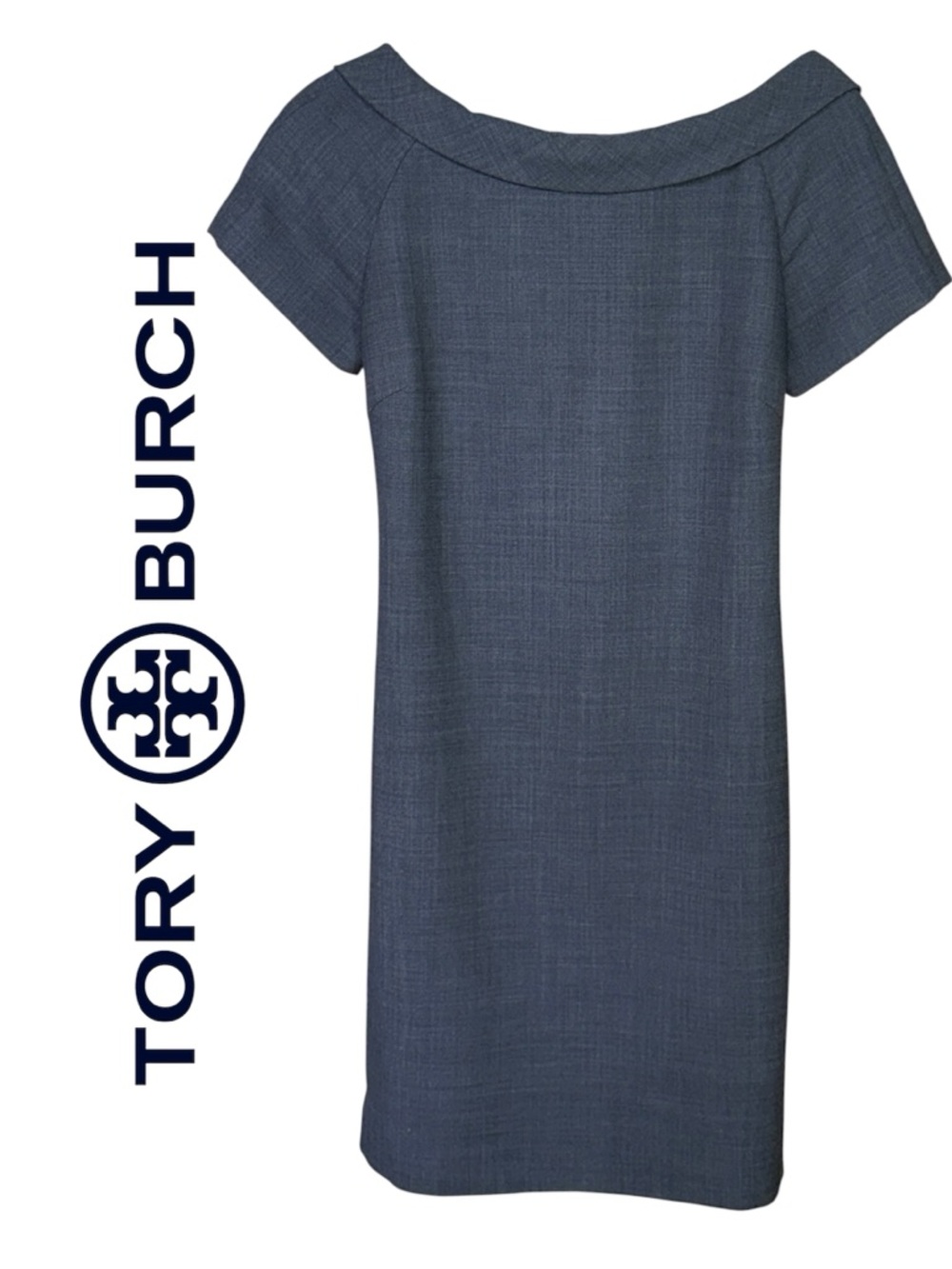 Tory Burch Gray Wool Blend Sheath Dress Chain Print Silk Lined Elegant Neckline - Picture 3 of 15